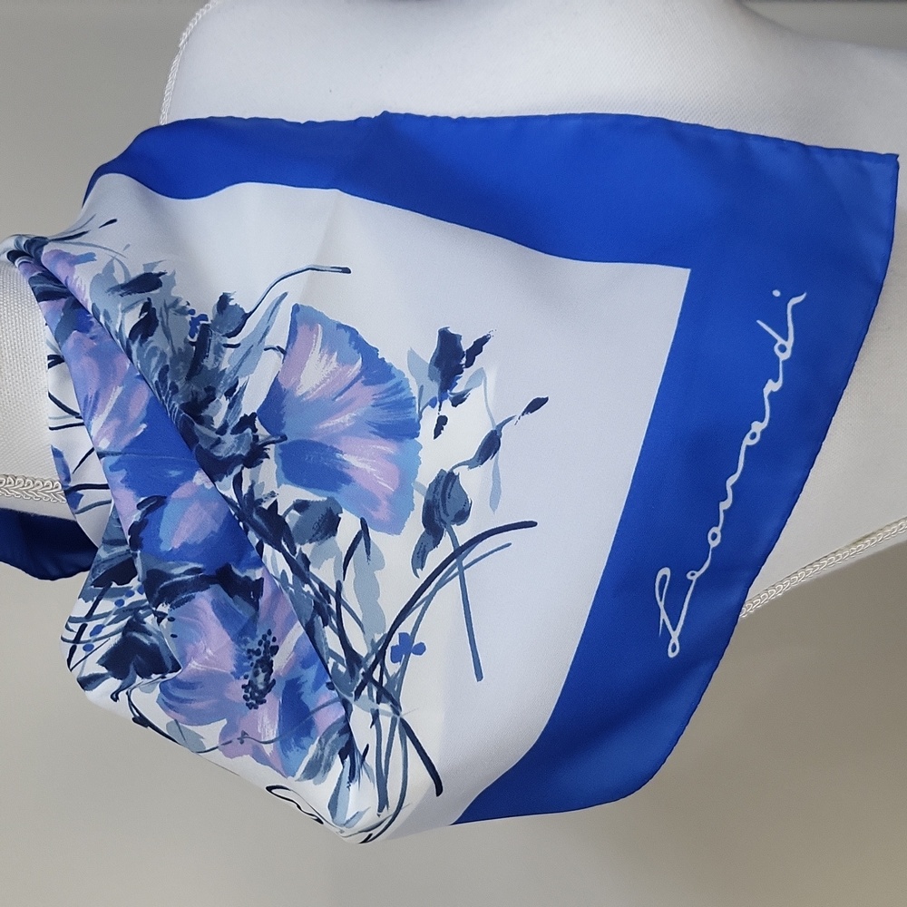 Vintage LEONARDI Blue Purple Floral Polyester Square Scarf - Picture 5 of 5